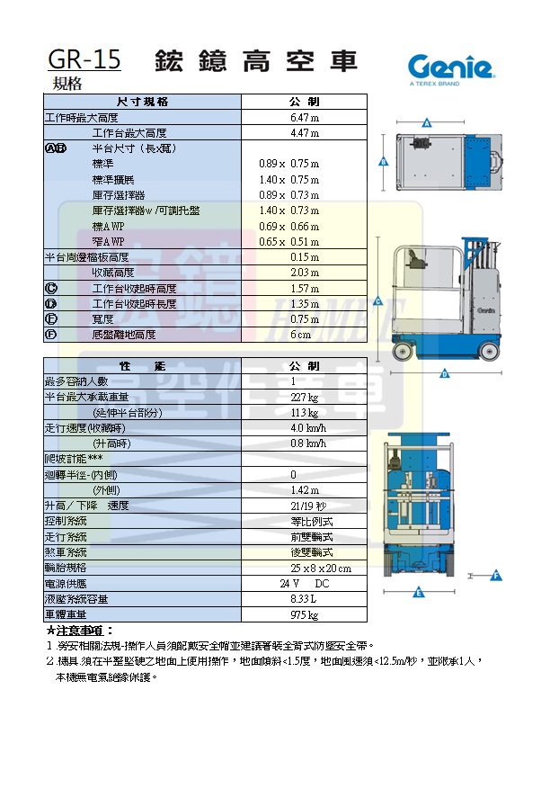 GR-15 高空作業車 規格表