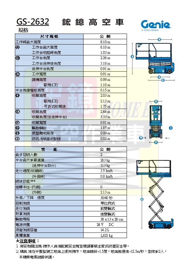 GS-2632 高空作業車 規格表